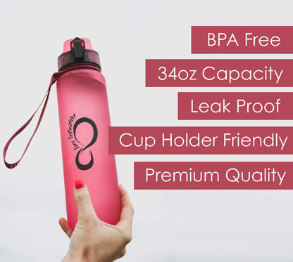 Gym Water Bottle with Time Marker Fruit Infuser and Shaker 34 Oz Burgundy